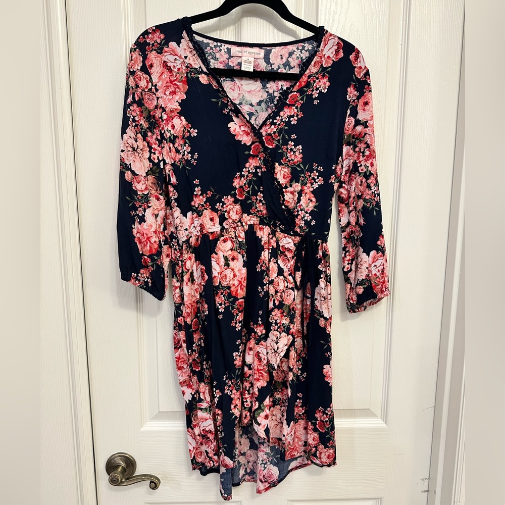 Band of Gypsies Navy Floral Wrap Dress with Coral and Pink Roses